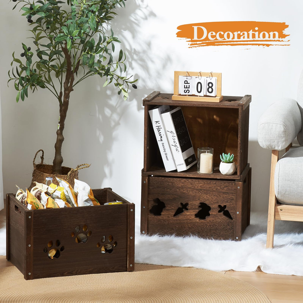 Edergoo Wooden Crates 2 Pack, Hollow Wooden Crates for Display, Farmhouse Handmade Wood Crate with Handles, Rustic Durable Wooden Crates for Storage, Large Decorative Wooden Crate Box for Display Edergoo