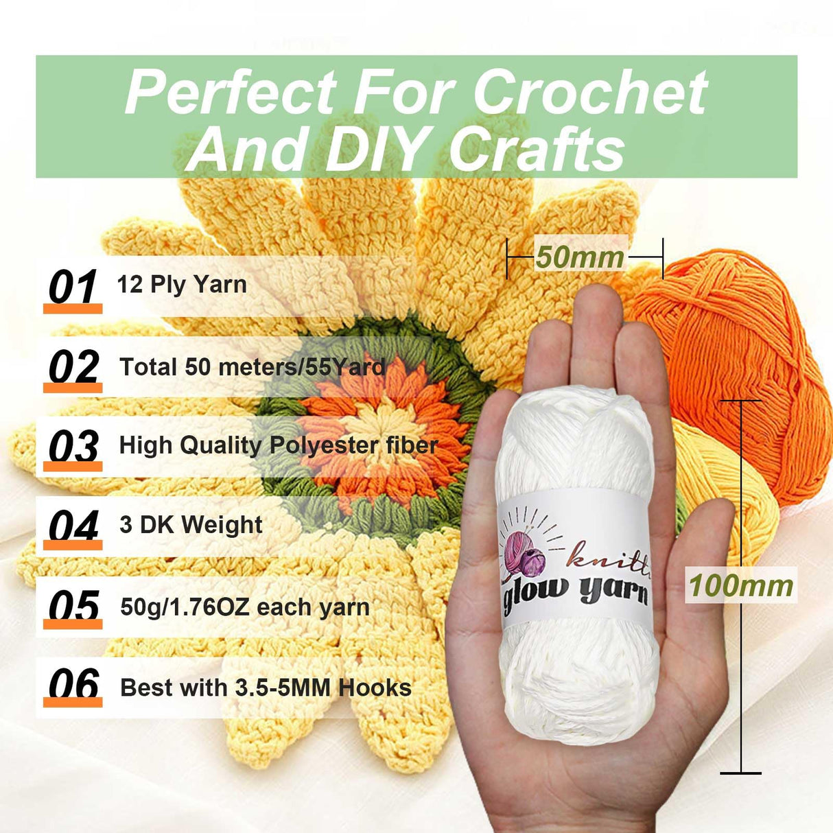 BulingBuling Glow in The Dark Yarn, 5 Pack Colorful Total 260g/9oz-273Yards, Crochet Yarn for Crocheting, for DIY Art, Knitting, Crocheting and Crafts. (White) bulingbuling