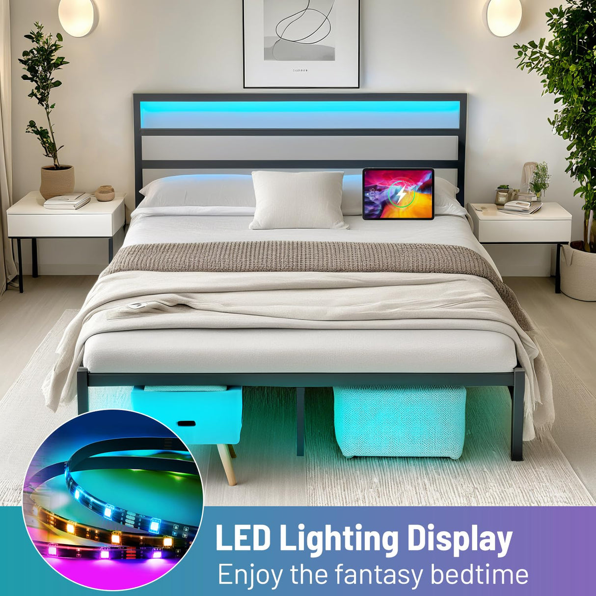 CLIBFENG Queen Bed Frame with Headboard,Heavy Duty Steel Slats Support-LED Bed Frame with USB Charging Station,Metal Platform Bed Frame-Under Bed Storage, No Box Spring Needed, Noise Free,Black CLIBFENG