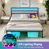 CLIBFENG Queen Bed Frame with Headboard,Heavy Duty Steel Slats Support-LED Bed Frame with USB Charging Station,Metal Platform Bed Frame-Under Bed Storage, No Box Spring Needed, Noise Free,Black CLIBFENG