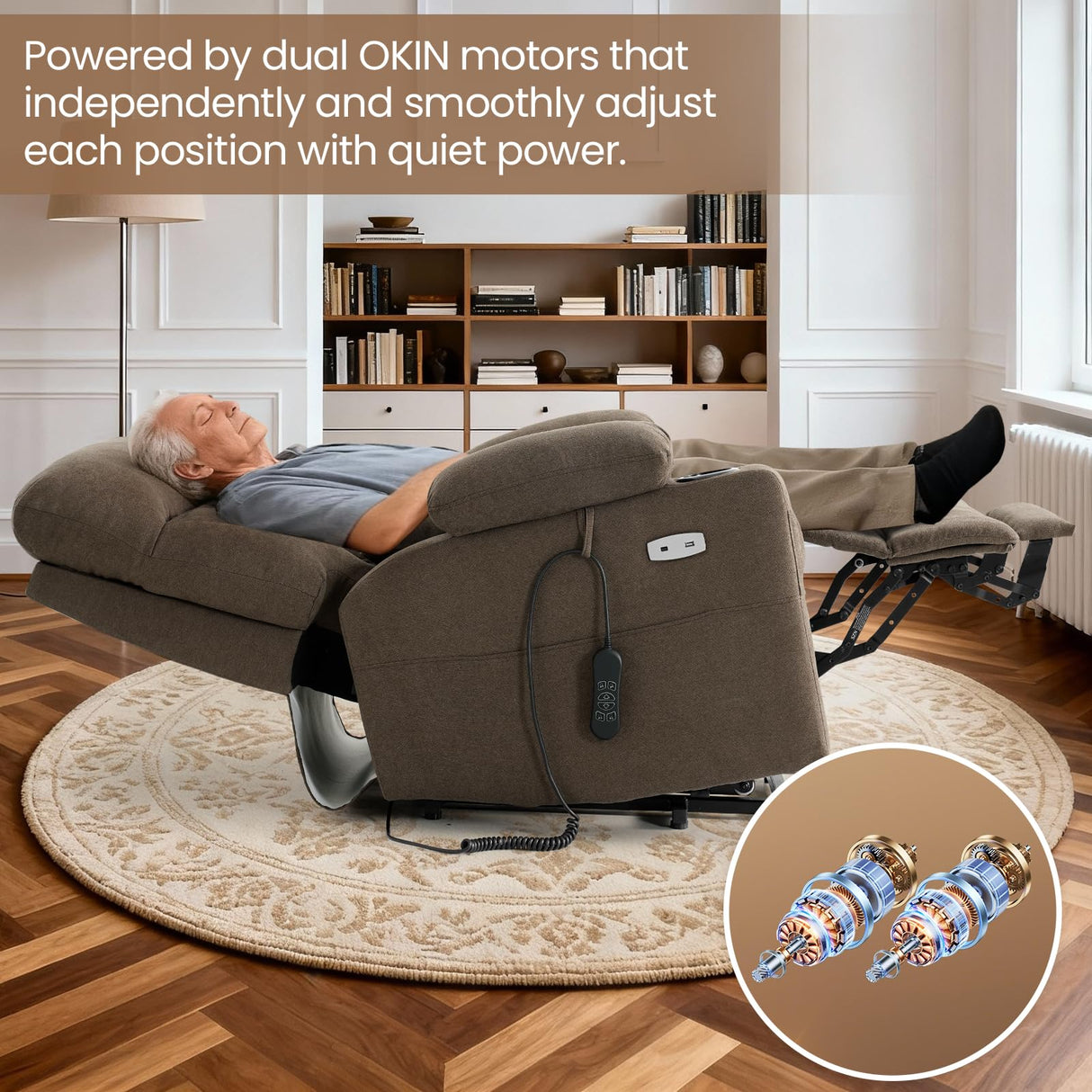 Infinite Position Power Lift Recliner Chair for Elderly with Adjustable Headrest, Lay Flat Recliner Chair for Adults W/Massage & Heat, Cup Holders, Tri-Motor Power Lift Chairs, Fabric,Brown BEDHOURS