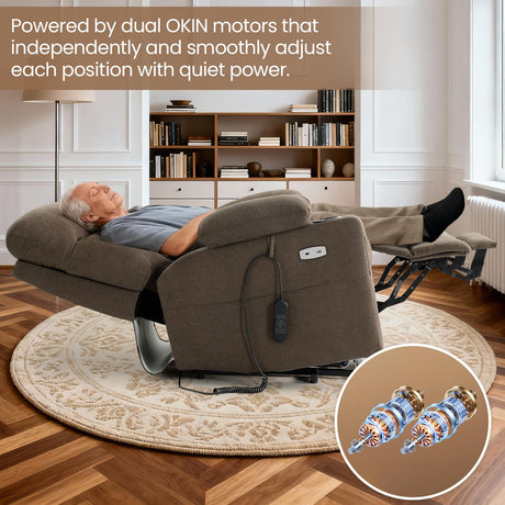 Infinite Position Power Lift Recliner Chair for Elderly with Adjustable Headrest, Lay Flat Recliner Chair for Adults W/Massage & Heat, Cup Holders, Tri-Motor Power Lift Chairs, Fabric,Brown BEDHOURS