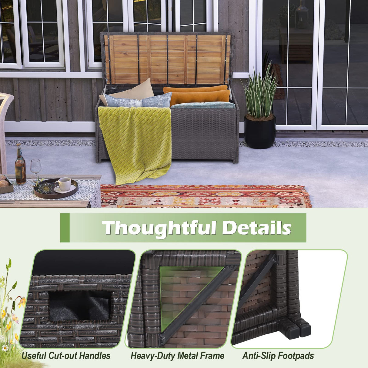 Tangkula 45 Gallon Outdoor Storage Bench, Mix Brown Rattan Storage Container with Zippered Liner, Acacia Wood Top Lid, Sturdy Gas Strut Support, 3-in-1 Multifunctional Deck Box for Front Porch, Garden Tangkula