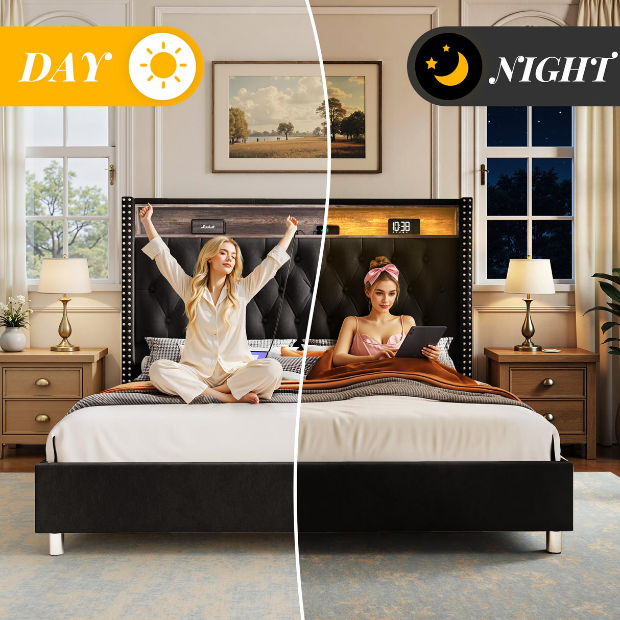 Jocisland King Size Bed Frame 53.6'' Tall Storage Headboard with LED Lights & Charging Station, Velvet Upholstered Button Tufted Wingback Platform Beds, No Box Spring Needed, USB Ports, Black Jocisland