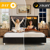 Jocisland King Size Bed Frame 53.6'' Tall Storage Headboard with LED Lights & Charging Station, Velvet Upholstered Button Tufted Wingback Platform Beds, No Box Spring Needed, USB Ports, Black Jocisland