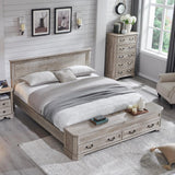 T4TREAM Farmhouse King Bed with Headboard and Storage Bench, Rustic Wood Platform Bed with 80" Storage Chest w/ 4 Large Drawer, Light Rustic Oak T4TREAM
