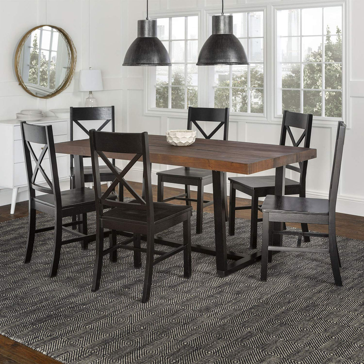 Walker Edison Barnes 7-Piece Rustic Metal and Wood Dining Table with X-Back Chairs, Set of 7, Mahogany/Black Walker Edison