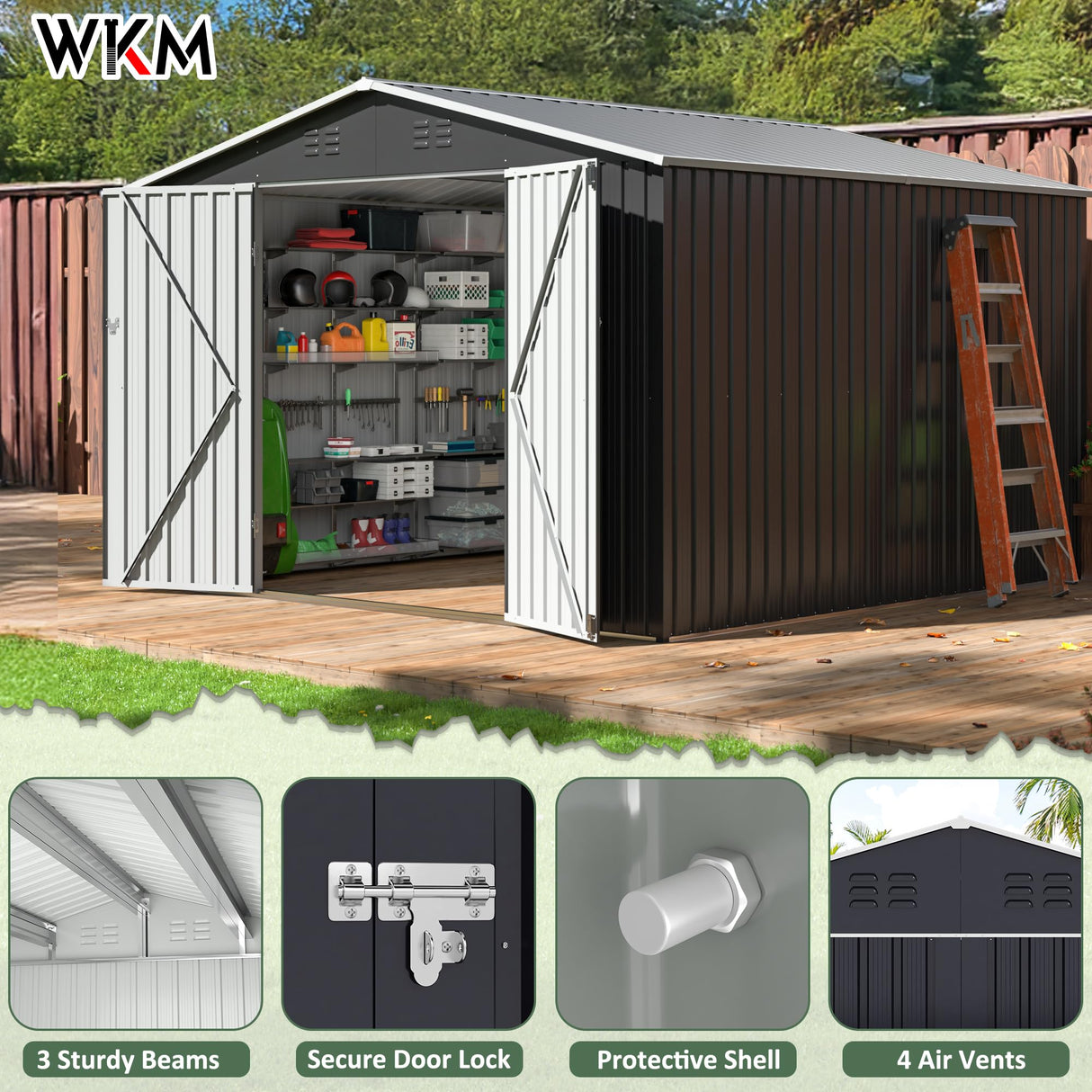 WKM 10x10 FT Outdoor Storage Shed, Utility Metal Tool Storage with Lockable Doors and Updated Frame Structure, Metal Garden Shed for Backyard, Patio Lawn, Black WKM