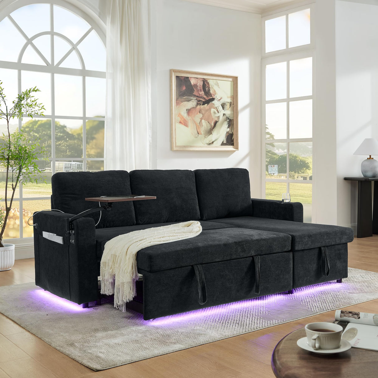 KEIKI 85" L-Shaped Chenille Sectional Sofa with Pull-Out Bed, Storage Chaise Lounge, Retractable Table, USB, Cup Holders, Convertible 3-Seater Sleeper Couch Bed, Easy Assembly, for Living Room, Black KEIKI