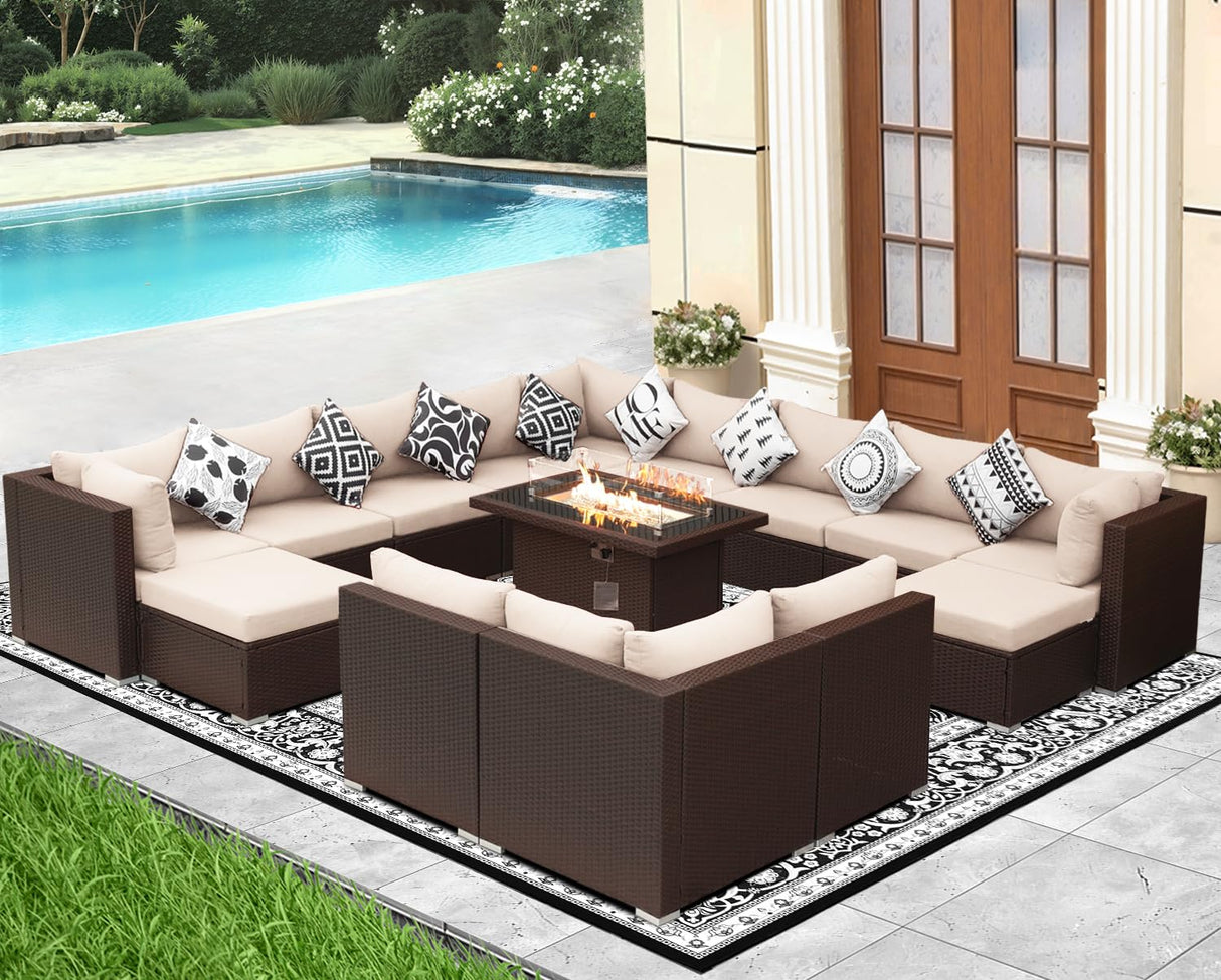 NICESOUL 15 Piece Outdoor Sectional with Fire Pit Table, Modern Luxury Patio Deep Seating w/Firepit, 29.3'' High-Back Wicker Couch Thick, Big High-Weight Capacity Sofa for Garden, Yard, Brown & Beige NICESOUL