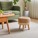 YMYNY Foot Stool Natural Seagrass Hand Weave, 12.6" Small Ottoman, Round Footrest for Living Room, Bedroom, Entryway, Change Shoes Stool, Non-Skid Wood Legs, Boho, Natural+White, UHBD027W YMYNY