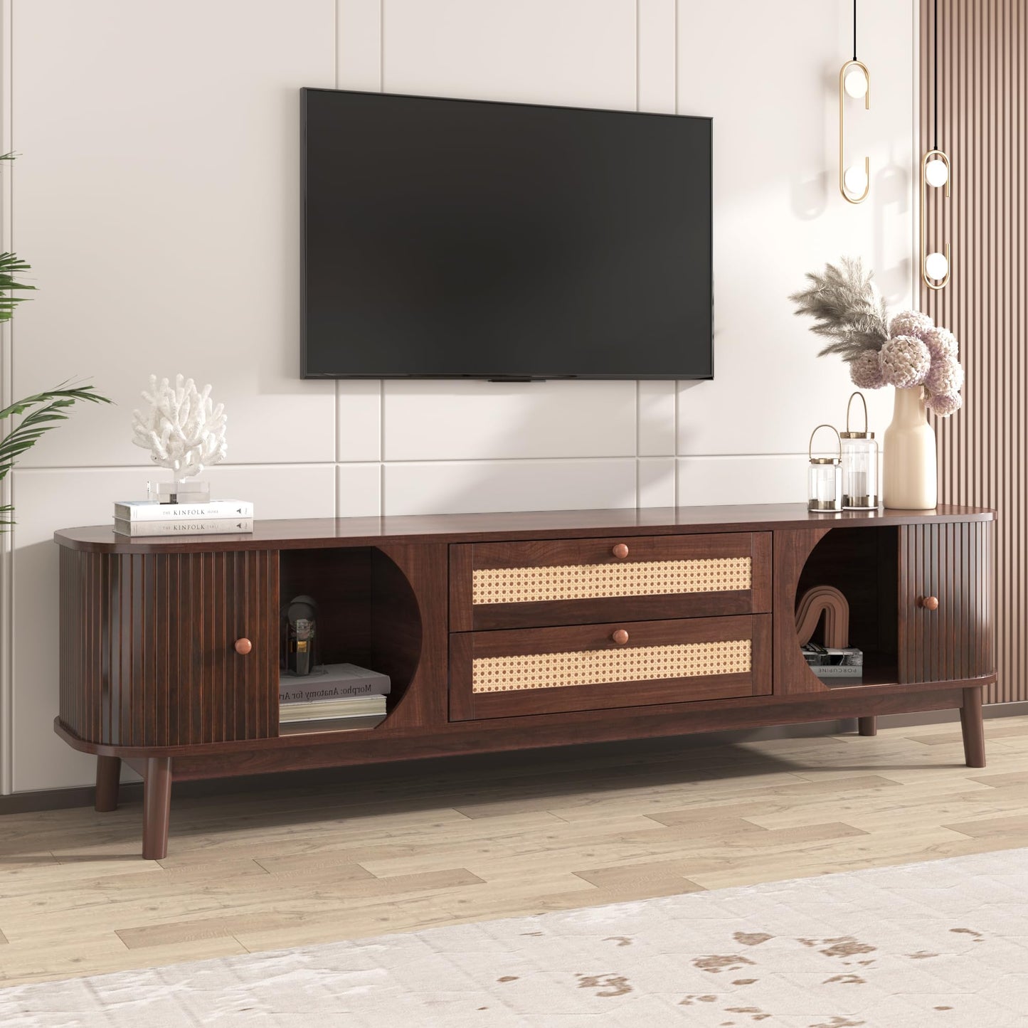 Rattan TV Stand for TVs up to 75'', Farmhouse Media Console with 2 Drawers and Storage Cabinet, Entertainment Center with Solid Wood Legs, TV Cabinet