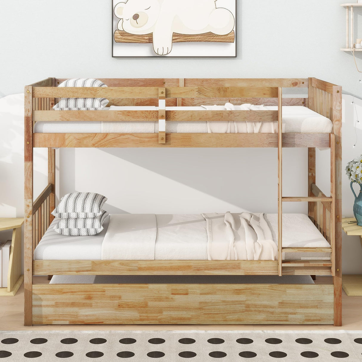 DNChuan Twin Over Twin Bunk Bed with Trundle,Triple Bunk Bed Convertible Into 3 Platform Beds,3-in-1 Beds with Headboard and Footboard,Wooden Frame for Kids Adults-Natural DNChuan