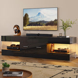 Bestier Black TV Stand for 55/60/65 Inch TV, High Gloss Modern TV Stand with Stone-Patterned Side Panels, LED Entertainment Center with Large Drawer, TV Consoles for Living Room, Bedroom Bestier