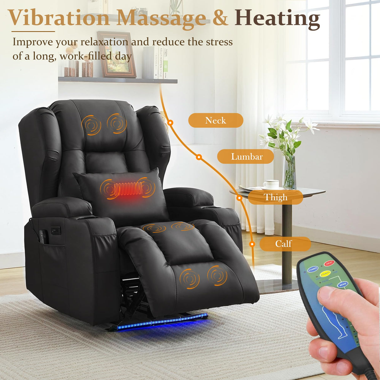 URRED Recliner Chair for Adults, Power Reclining Sofa Chair Home Theater Seating with Vibration Massage and Heat, LED Ambient Light, USB Ports, Cup Holders, Side Pockets (Black) URRED