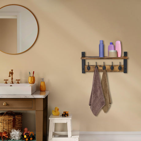 Sorbus Coat Hooks Wall Mount with Shelf – 16 Inch Coat Rack Wall Mount with 5 Heavy Duty Hooks – Floating Wall Shelf with Hooks for Entryway, Bathroom, Bedroom, Kitchen, or Mudroom (Rustic Brown) Sorbus