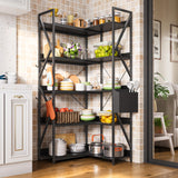 Gizoon 5 Tier Industrial Bookshelf, 65" H Reversible Corner Bookshelf, Bookcase, Freestanding Display Shelf, with 4 Hooks, a Storage Basket, Metal Frame, for Living Room, Kitchen, Office, Black Gizoon