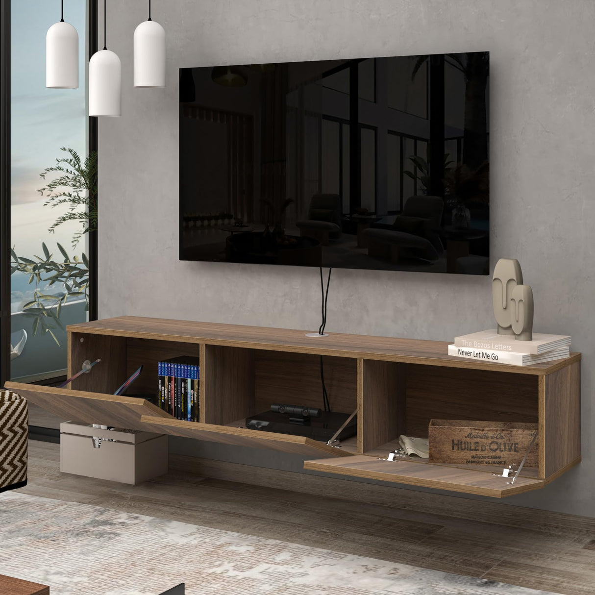 Atelier Mobili Walnut Floating TV Stand for 75 inch TV, Floating Media Console, Floating Entertainment Center, Wall Mounted TV Stand ATELIER MOBILI THE LEADER OF THE INTERCHANGEABLE FURNITURE