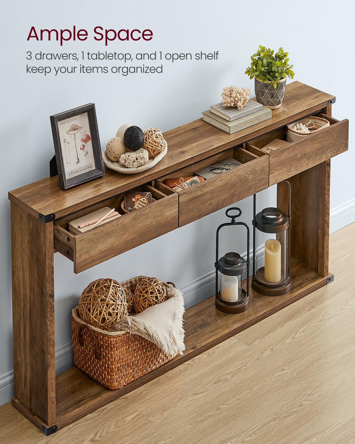 VASAGLE Sofa Console Table, 47.2 Inches Narrow Entryway Table with 3 Drawers, Bottom Shelf, Metal Corners, for Living Room, Bedroom, Farmhouse Style, Honey Brown ULNT143KB01S VASAGLE