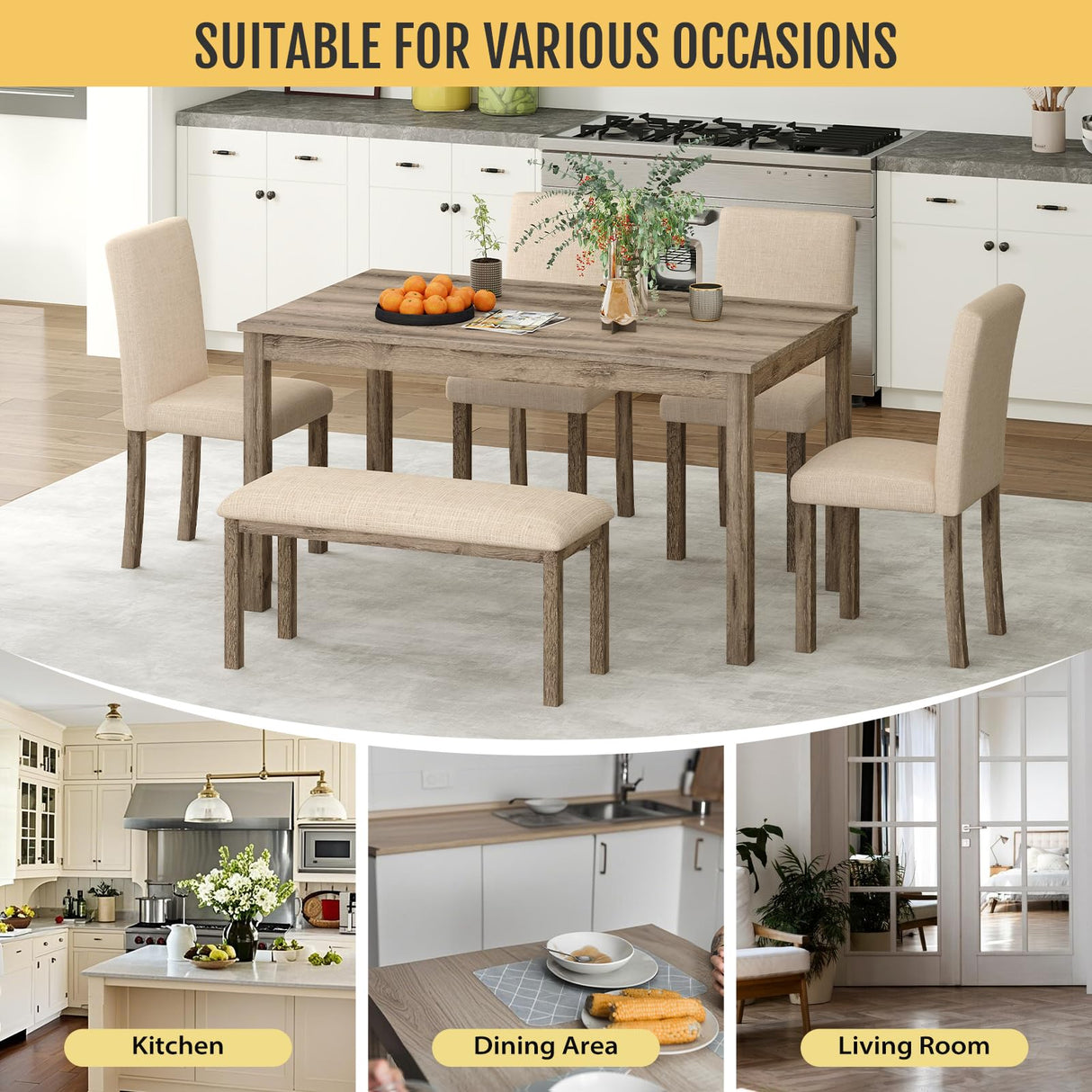 Zevemomo 6-Piece Solid Wood Dining Table Set, Including 1 Dining Table, 4 Upholstered Chairs and 1 Bench, Wooden Legs Dining Table Set for Dining Room, Kitchen, Restaurant, Brown Zevemomo