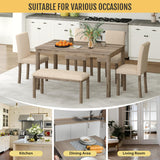 Zevemomo 6-Piece Solid Wood Dining Table Set, Including 1 Dining Table, 4 Upholstered Chairs and 1 Bench, Wooden Legs Dining Table Set for Dining Room, Kitchen, Restaurant, Brown Zevemomo