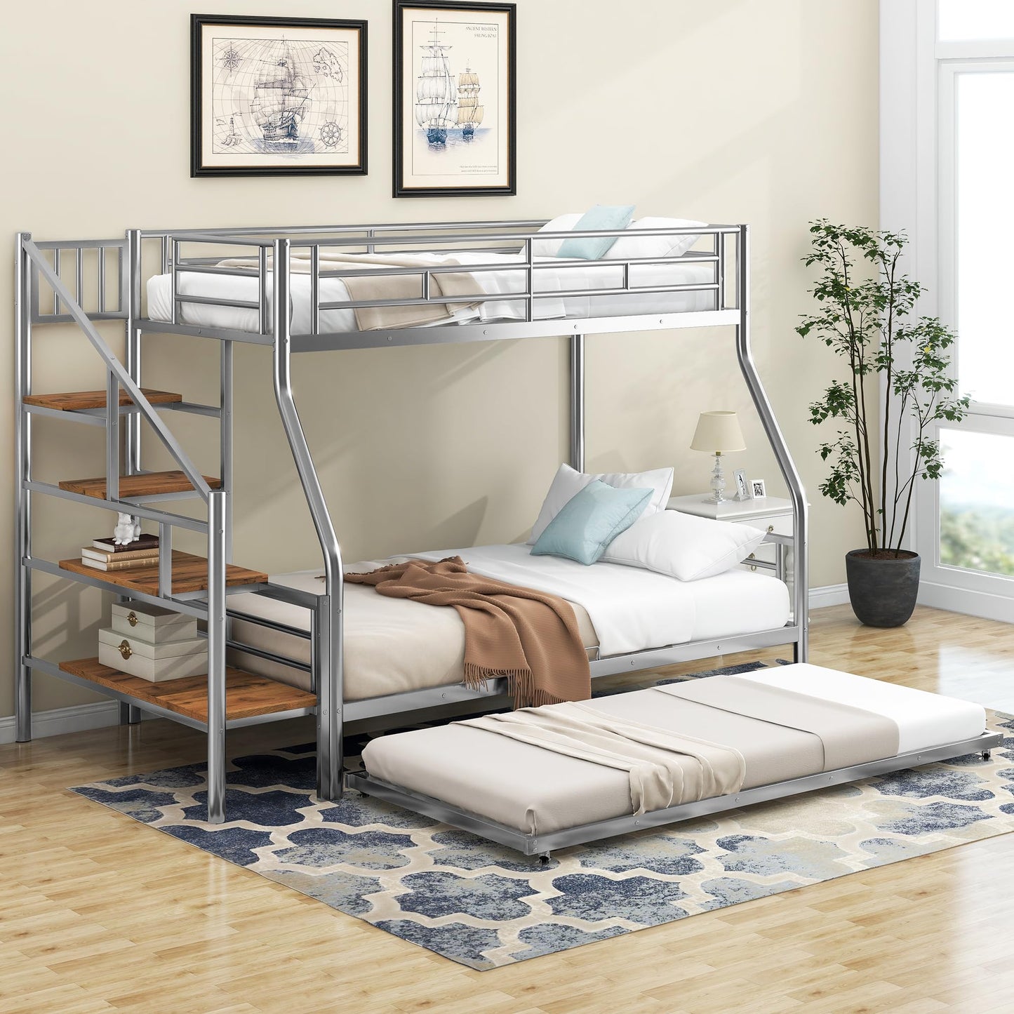 Ziraukon Twin Over Full Bunk Bed with Trundle and Stairs, Twin Over Full Size Metal Bed Frame with Storage and Safe Guardrails, Noise Reduced, No Box Spring Needed, Silver