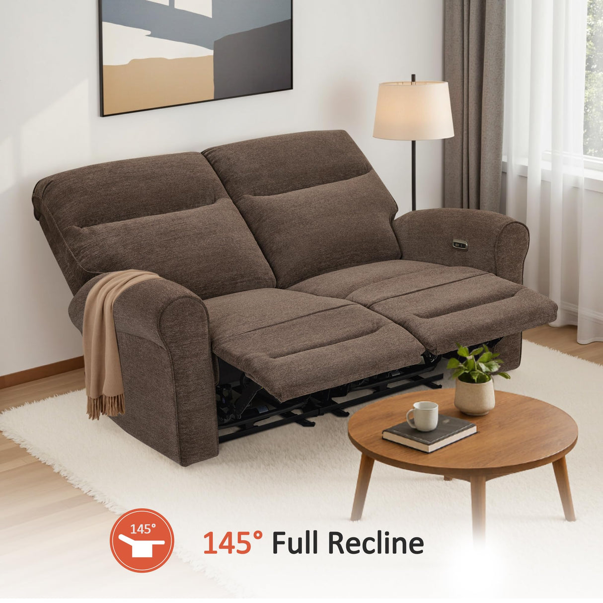 MCombo 64.6" Wall Hugger Power Loveseat Recliner Sofa with USB Ports, Reclining Loveseat for Small Spaces Living Room RV, Fabric PR635M1 (Dark Brown) MCombo