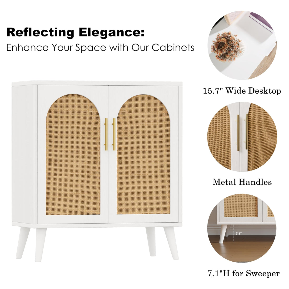 Rovaurx Rattan Storage Cabinet with Doors, Accent Bathroom Floor Cabinet, Modern Sideboard Buffet Cabinet for Living Room, Entryway, Dining Room and Kitchen, White and Natural BMGZ108WM Rovaurx