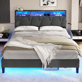 BTHFST Full Size Bed Frame with Outlets and USB Ports, Full Bed Frame with LED Lights, Upholstered Platform LED Bed Frame with Storage Shelf Headboard, No Box Spring Needed, Dark Grey BTHFST