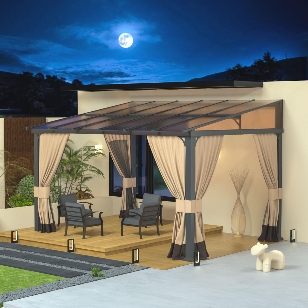 RTDTD 10' x 12' Gazebo，Hard Top Lean to Gazebo Wall Mount Heavy Hardtop Gazebo Outdoor Pergola with Curtains and Netting for Patio Garden Lawn Backyard Deck (Brown) RTDTD