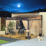 RTDTD 10' x 12' Gazebo，Hard Top Lean to Gazebo Wall Mount Heavy Hardtop Gazebo Outdoor Pergola with Curtains and Netting for Patio Garden Lawn Backyard Deck (Brown) RTDTD