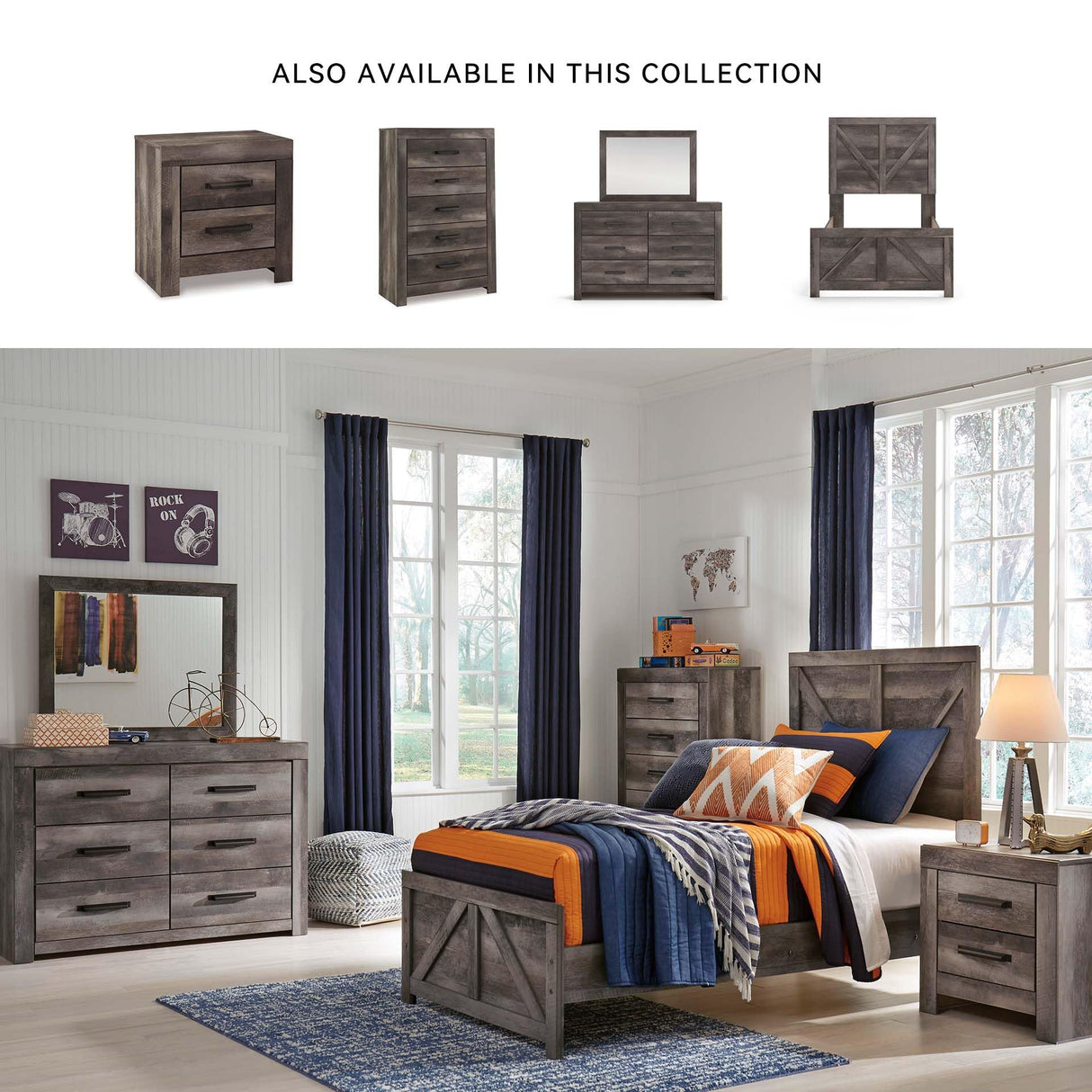 Signature Design by Ashley Wynnlow Rustic Twin Crossbuck Panel Bed with Metal Slats, Foundation or Box Spring Needed, Gray Signature Design by Ashley