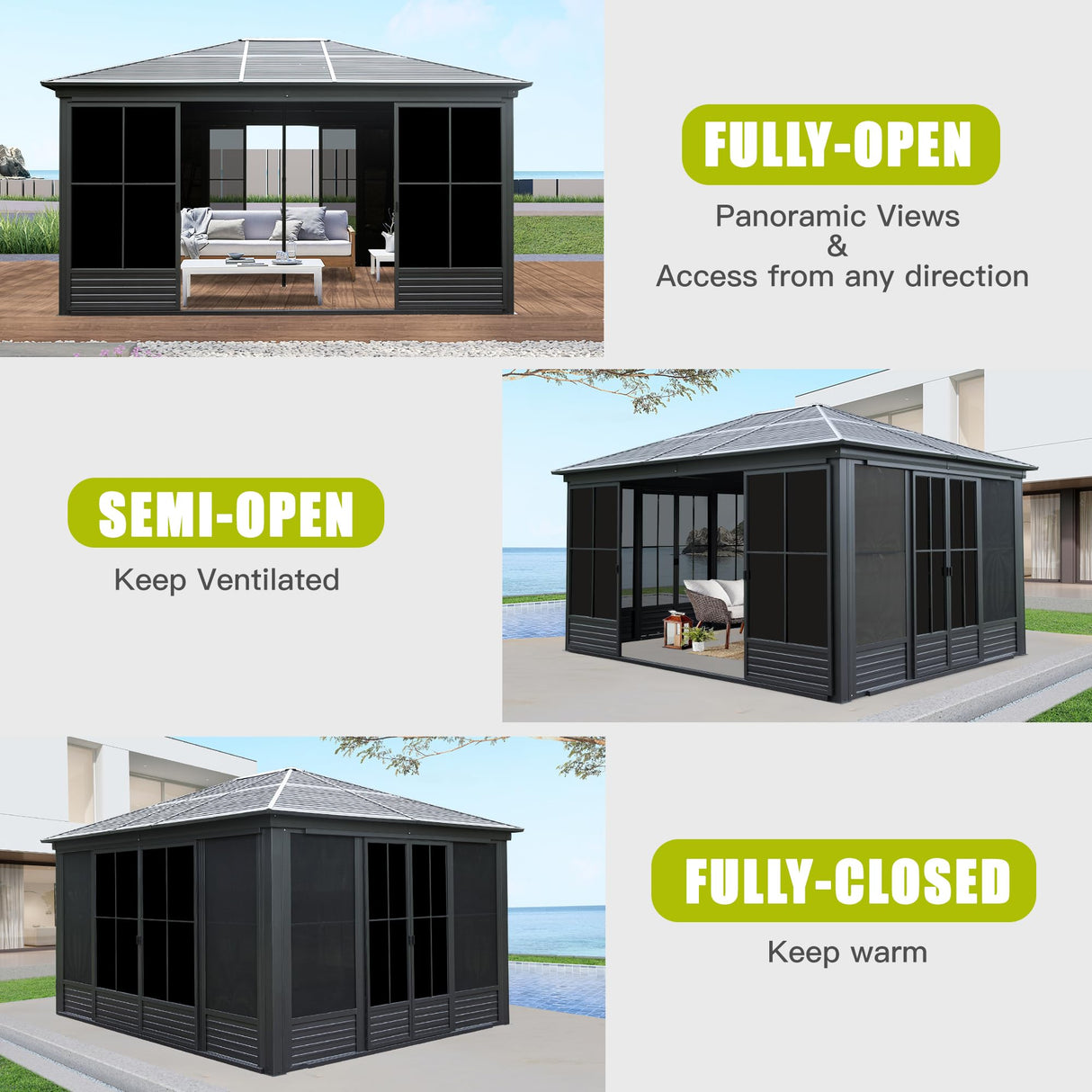 Domi 12x15FT Sunroom, Four Season Solarium with Galvanized Steel Hardtop, Aluminum Frame, 4 Sliding Doors, Movable PVC Screen Walls, All Weather Outdoor Pavilion for Patio, Deck, Backyard, Grey domi outdoor living