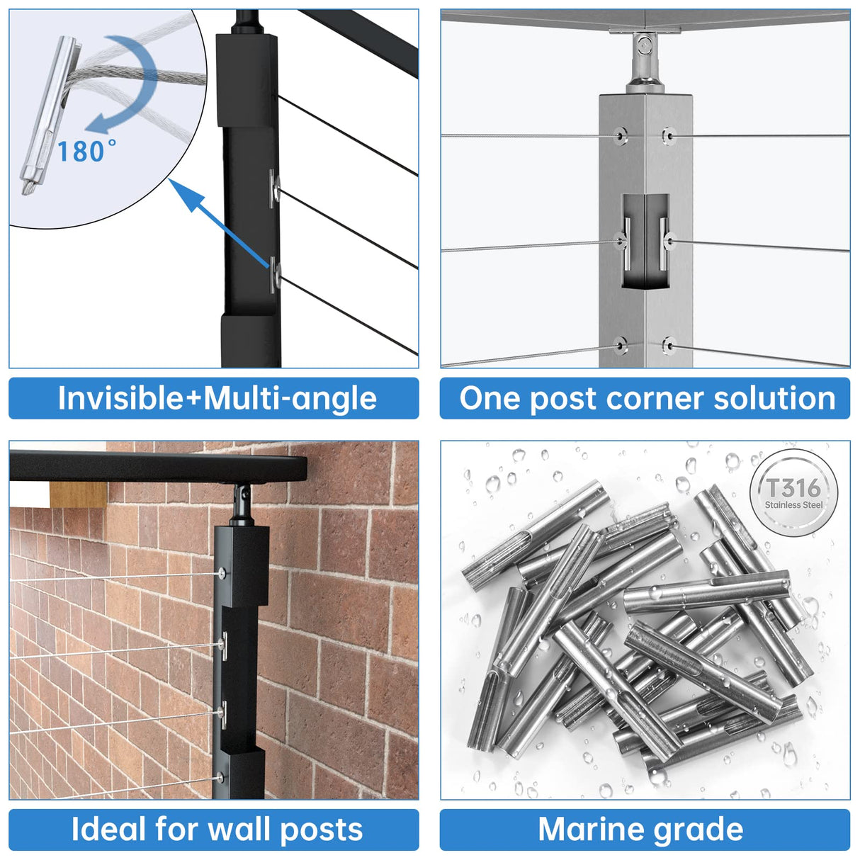 Muzata 40 Pack 1/8" Invisible Cable Railing Kit Hardware Cable Railing Toggle Anchor Terminal Fixed End for Metal Post T316 Stainless Steel Stair Angle Adjustable Deck One-Post Corner CR07 Muzata