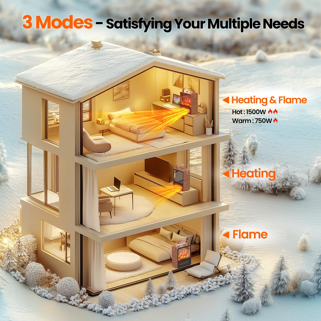 Riseon Electric Fireplace Heater for Indoor Use, 1500W/750W Space Heater Fireplace with 3D LED Flame, Double Safety Protection, Portable Fireplace Heater for Home Office Christmas Decoration,Walut Riseon