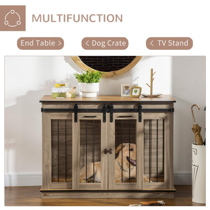 PawHut Dog Crate Furniture with Divider, Dog Crate End Table for Small to Large Dogs, Large Indoor Dog Kennel with Double Doors, 47" W x 23.5" D x 35" H, Oak - WoodArtSupply