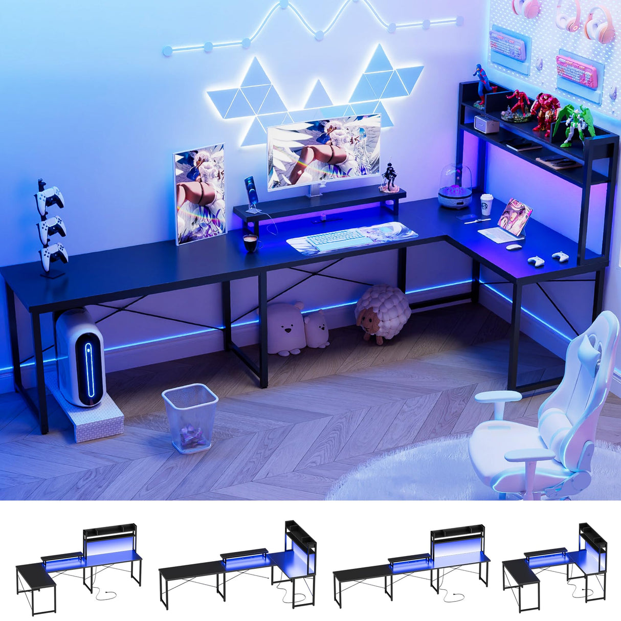 Unikito Large U Shaped Computer Desk with Hutch, Customizable Reversible L Shaped Office Desks with Power Outlets & LED Lights, Corner Gaming Table with Monitor Stand, 122” 2 Person Long Desk, Black Unikito