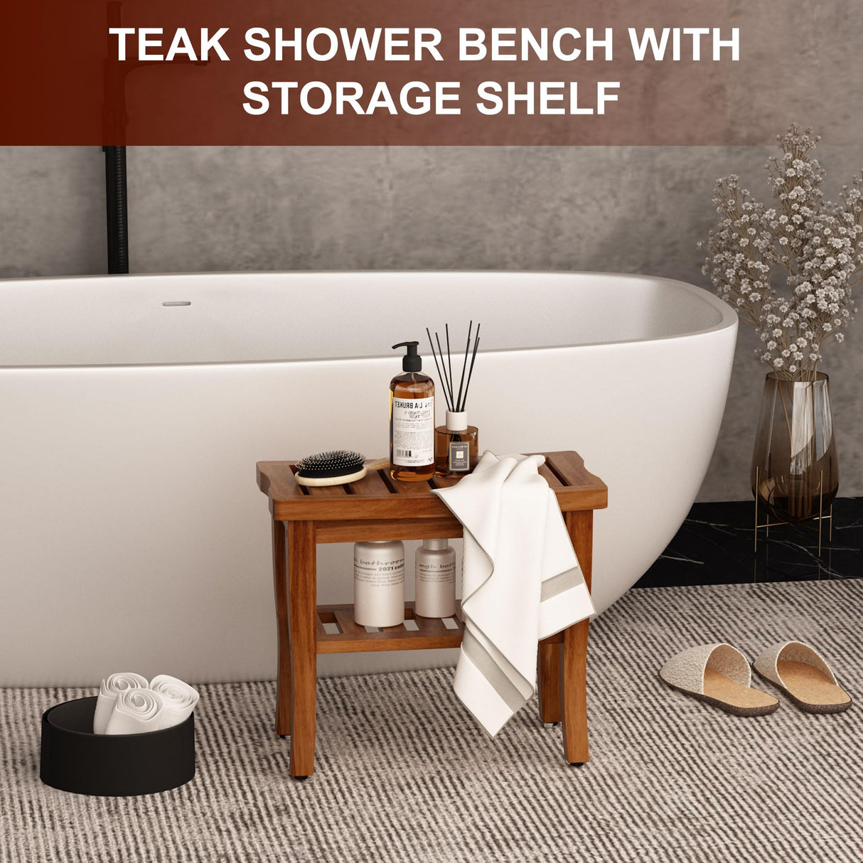 Teak Shower Bench Stool with Storage Shelf, Waterproof Shower Chair Spa Bath Seat, Shower Stool for Inside Shower, Bathroom Bench Seat for Adults Elderly Seniors for Indoor or Outdoor Use oridom