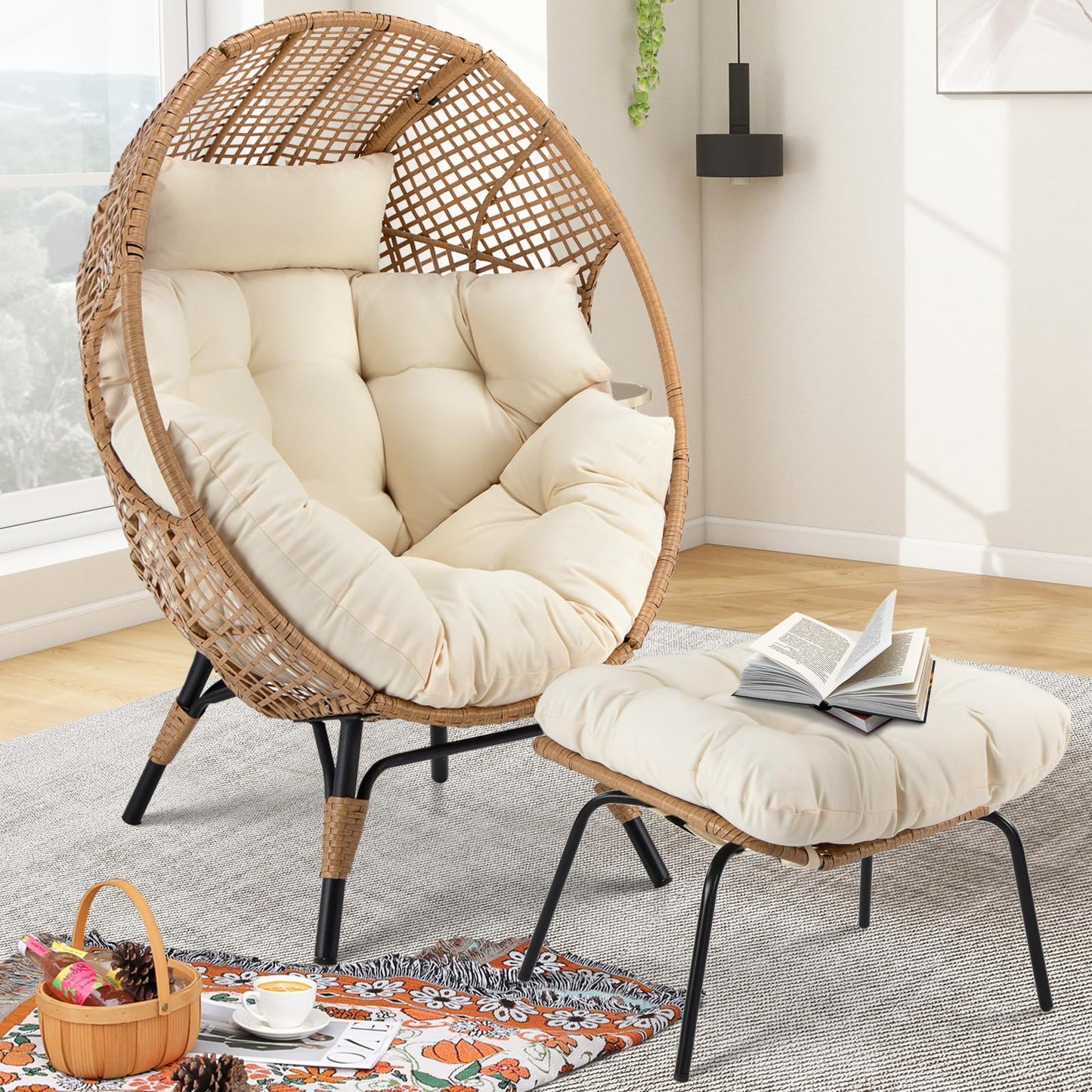 OUTPLATIO 2 Pieces Egg Chair Wicker Patio Egg Chair with Ottoman Rattan Teardrop Cuddle Cocoon Chair for Indoor Outdoor Bedroom Porch Backyard Deck Garden (2 pcs,Beige) - WoodArtSupply