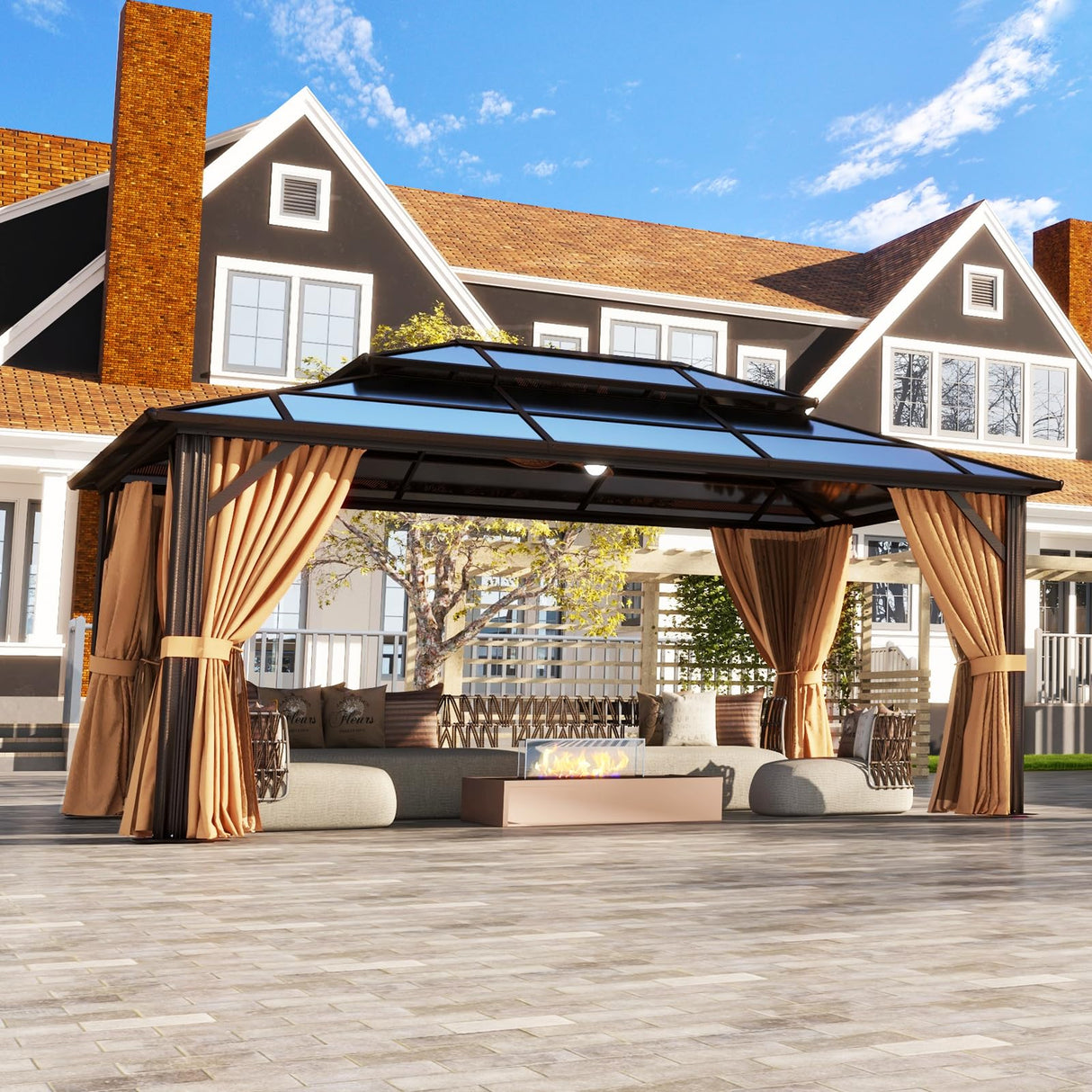 Aoxun 12'x16' Hardtop Gazebo, Aluminum Frame Permanent Pavilion with Curtains and Netting, Outdoor Polycarbonate Double Roof Canopy, Designed for Garden, Lawns, Patio Aoxun