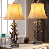 Antler Table Lamps Set of 2 with USB A+C Ports 28" Tall Rustic Farmhouse Deer Bedside Lamps with Faux Leather Bell Shade for Bedroom Living Room Office Decor Western Cabin End Table Lamp, Pull Chain BOOUCUU