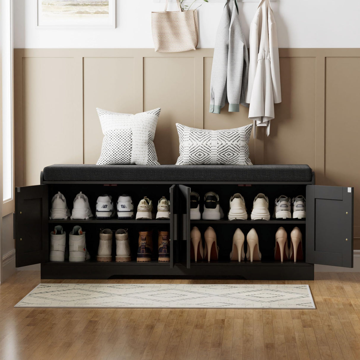 Homleke 2-Tier Storage Bench, Shoe Bench with Thickened Padded Seat Cushion, Entryway Bench with 4 Doors, Adjustable Shelf, 13.8" D x 45.3" W x 18.5" H, for Entryway, Living Room, Bedroom, Black Homleke