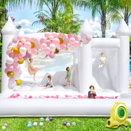 15FT White Bounce House with Slide Ball Pit for Adults Big Kids,100% PVC Commercial Bounce House with 1100W Blower,Large Inflatable Bounce House for Birthday Party Wedding 15ft x 15ft x 10ft awesmflate