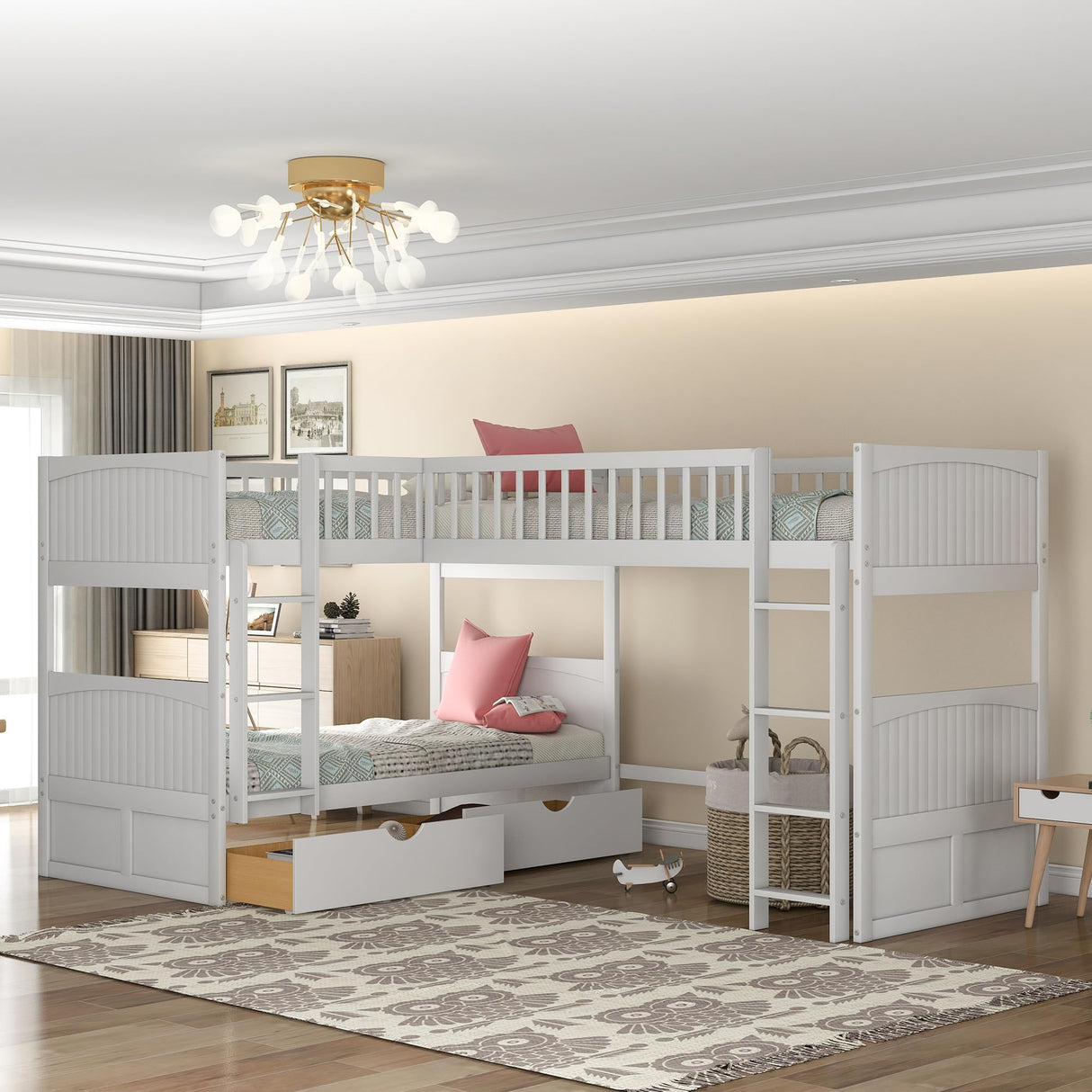 SOFTSEA Twin Over Twin Bunk Bed with Loft Bed Attached, L Shaped Triple Bunk Beds for Kids, Twin Size Wood Bunk Bed Frame with 2 Drawers and Ladder, White SOFTSEA
