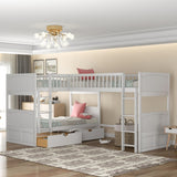 SOFTSEA Twin Over Twin Bunk Bed with Loft Bed Attached, L Shaped Triple Bunk Beds for Kids, Twin Size Wood Bunk Bed Frame with 2 Drawers and Ladder, White SOFTSEA