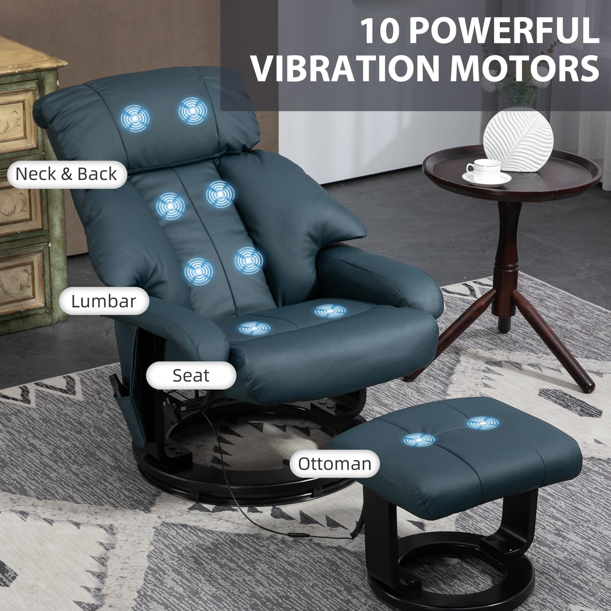 HOMCOM Massage Recliner Chair with Ottoman, 360° Swivel Recliner and Footstool, 10 Point Vibration, PU Leather Reclining Chair with Side Pocket and Remote Control, Blue HOMCOM