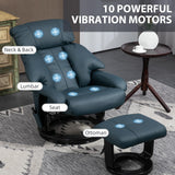 HOMCOM Massage Recliner Chair with Ottoman, 360° Swivel Recliner and Footstool, 10 Point Vibration, PU Leather Reclining Chair with Side Pocket and Remote Control, Blue HOMCOM