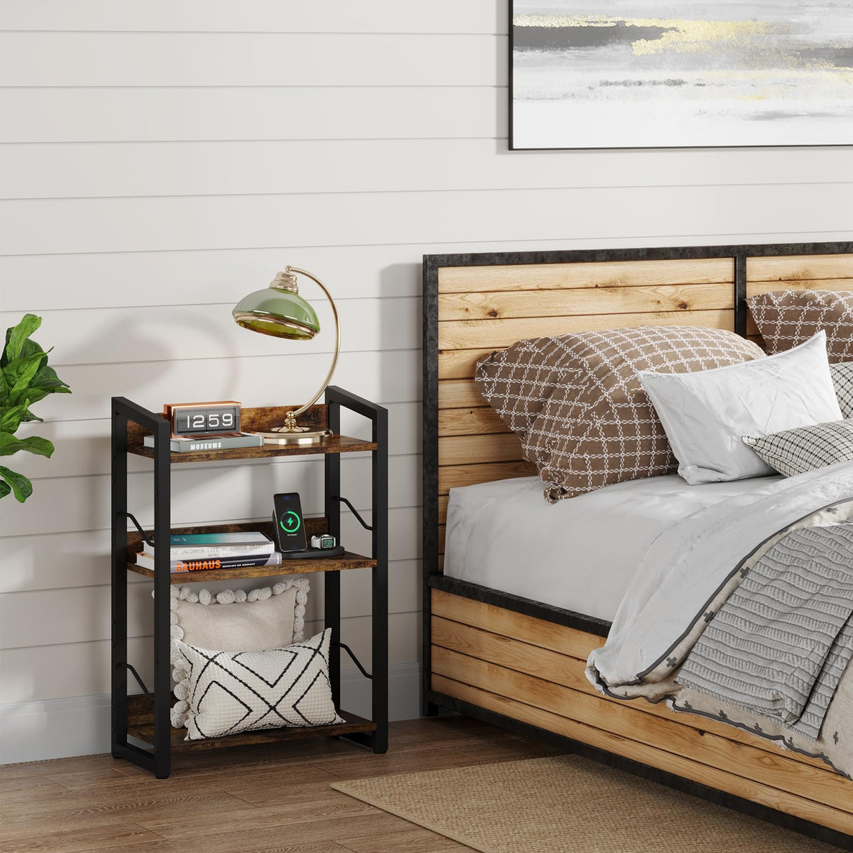 Hosfais 3-Tier Rustic Brown Wood Bookshelf with Metal Frame and Edge Protection Hosfais