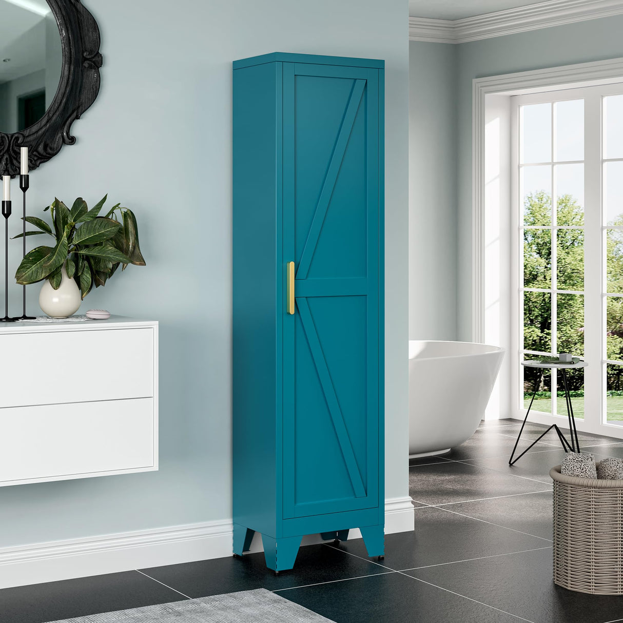 Washsemba 67''Farmhouse Metal Storage Cabinet with Barn Doors,Steel File Cabinet for Home Office,Kitchen Pantry 4 Adjustable Shelves,Freestanding Cupboard for Kitchen,HomeOffice (Peacock Blue) Washsemba