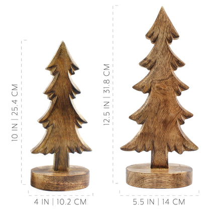 AuldHome Wooden Christmas Trees (Set of 2, Natural); Tabletop Handmade Wood Trees with Rectangular Base for Holiday Home Decor